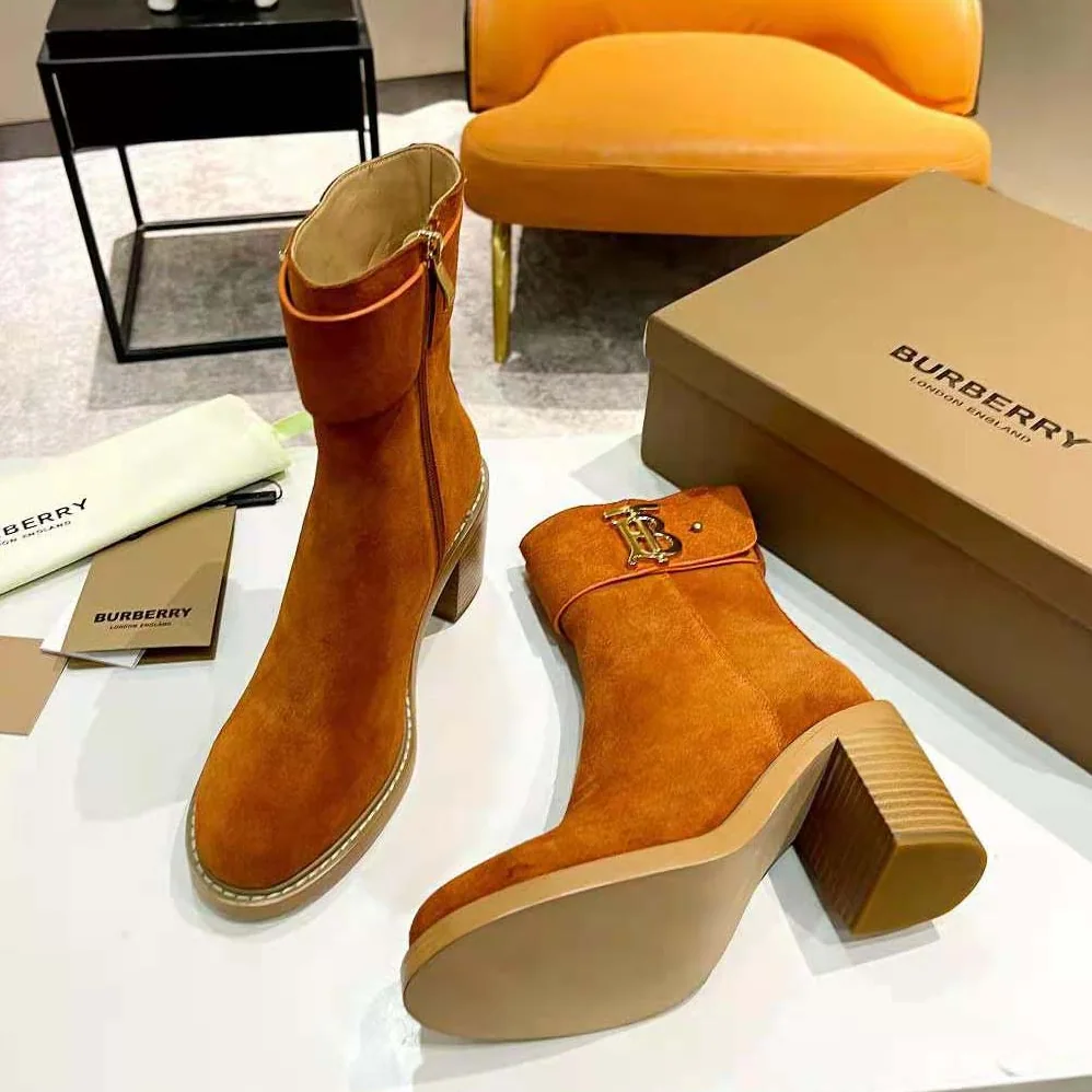 Burberry Monogram Motif Suede Block for Women in Heel Boots Burberry Monogram Motif Suede Block for Women in Heel Boots