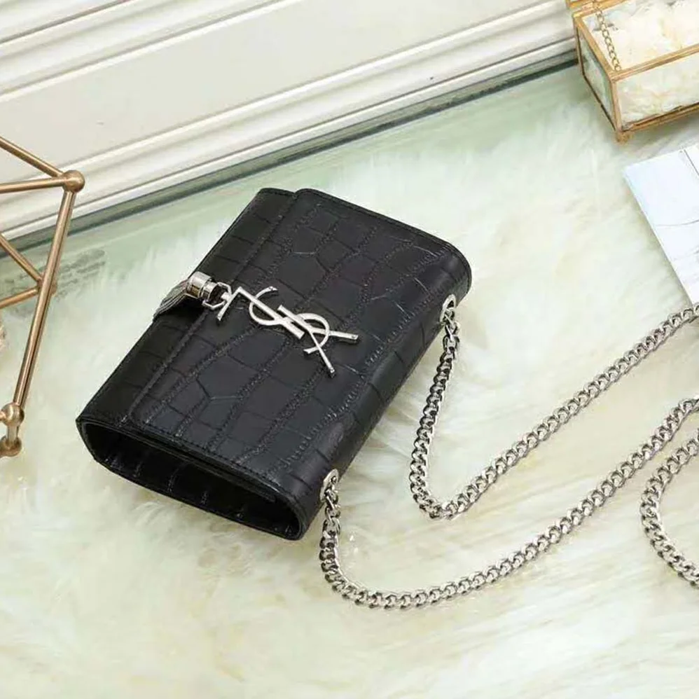 Saint Laurent YSL Kate Tassel Chain Wallet Crocodile Embossed for Women in Black Saint Laurent YSL Kate Tassel Chain Wallet Crocodile Embossed for Women in Black