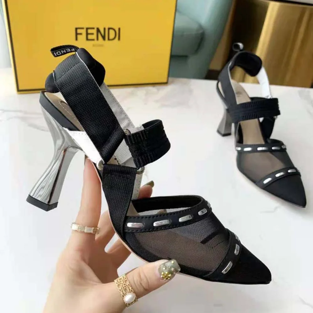 Fendi Colibri Black Mesh High-Heel Slingbacks with Metal Stitches for Women Fendi Colibri Black Mesh High-Heel Slingbacks with Metal Stitches for Women