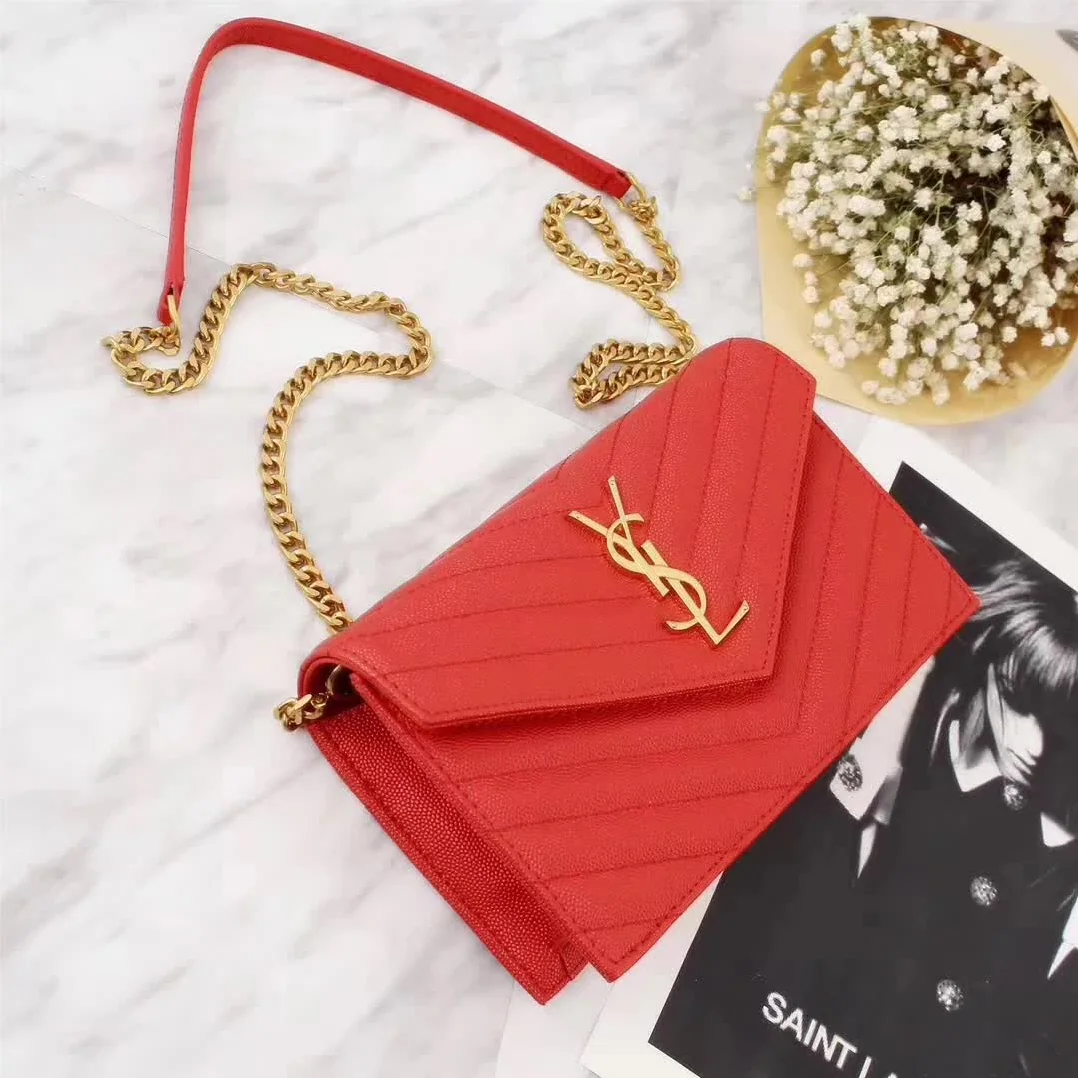 Saint Laurent YSL Medium Monogram Envelope Chain Wallet Gold Hardware in Red
