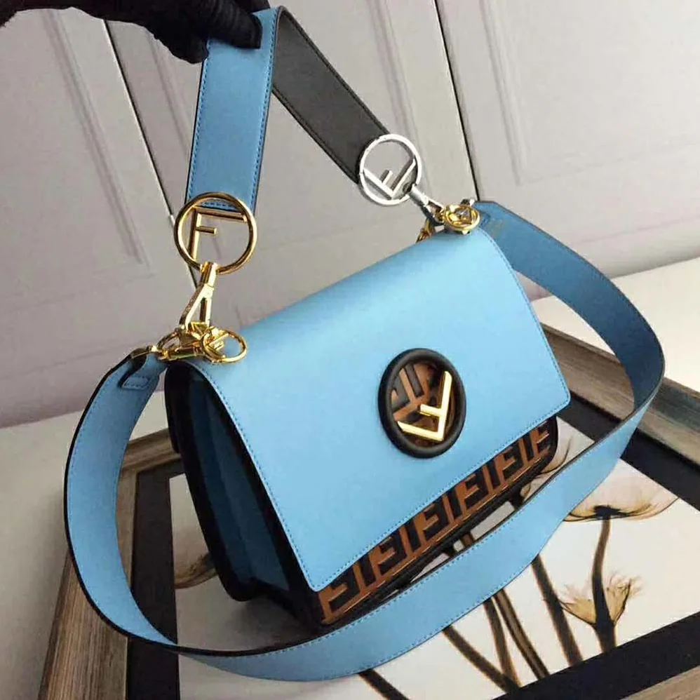 Fendi Kan I F Leather Bag in Calfskin Leather for Women in Blue Fendi Kan I F Leather Bag in Calfskin Leather for Women in Blue