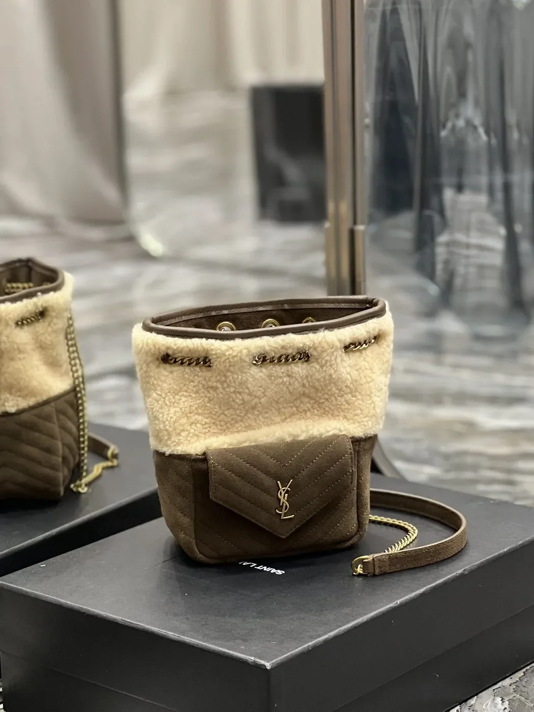 Saint Laurent Oe Mini Bucket Chevrons Brown Saint Laurent Oe Mini Bucket Chevrons Brown