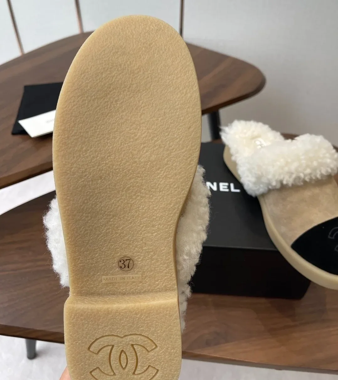 Chanel Shearling Two in Tone Mules Beige/Black Chanel Shearling Two in Tone Mules Beige/Black