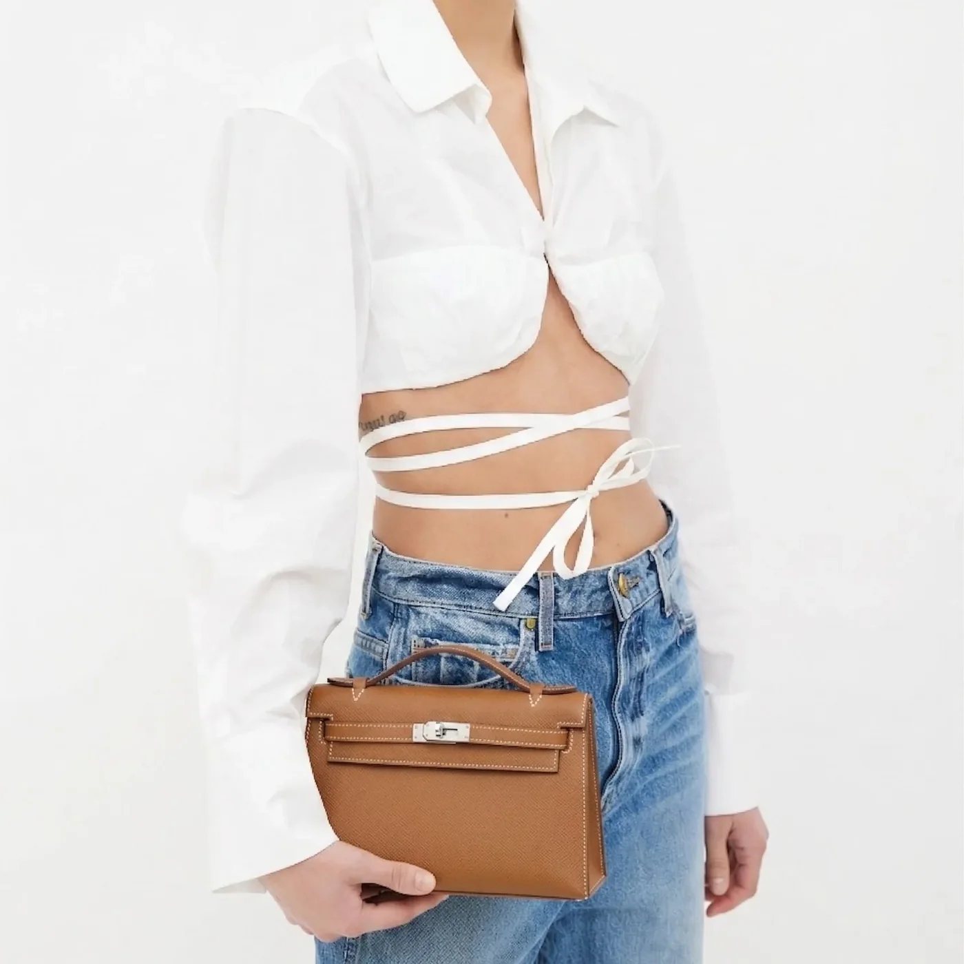 Hermes Kelly Pochette Top Handle Bag in Brown Epsom Palladium Hardware