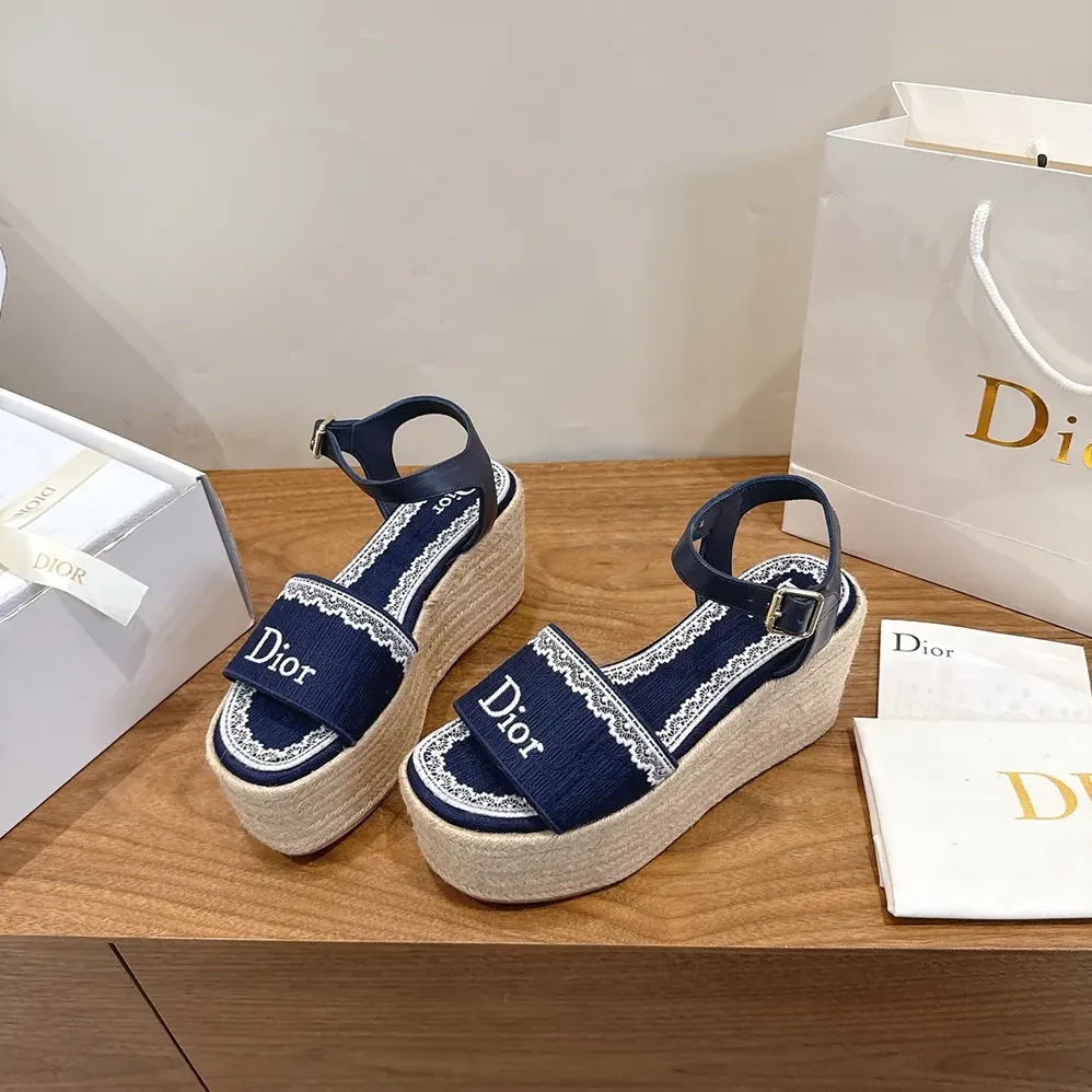 Dior Dentelle Wedge Sandal Navy Blue Dior Oblique Embroidered Cotton and White Lace for Women Dior Dentelle Wedge Sandal Navy Blue Dior Oblique Embroidered Cotton and White Lace for Women