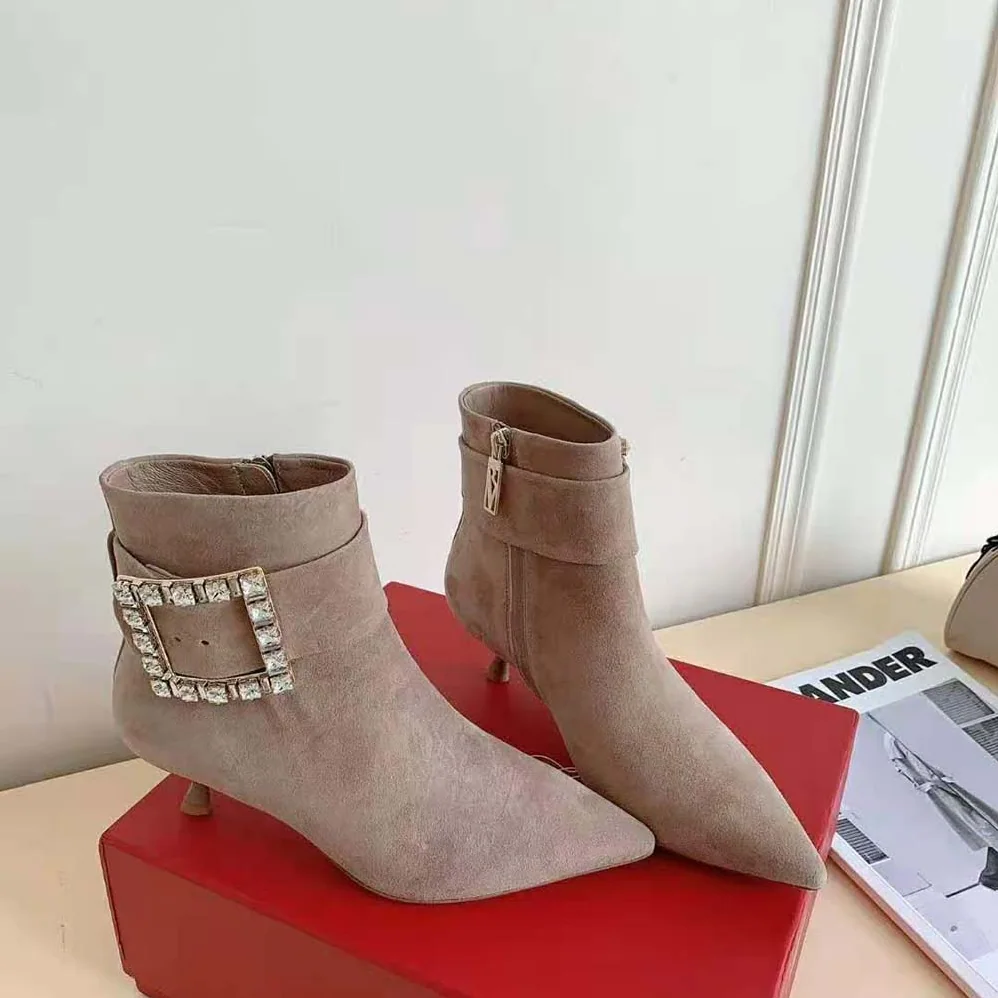 Roger Vivier Pointy Strass Buckle Ankle Boots in Suede for Women Roger Vivier Pointy Strass Buckle Ankle Boots in Suede for Women