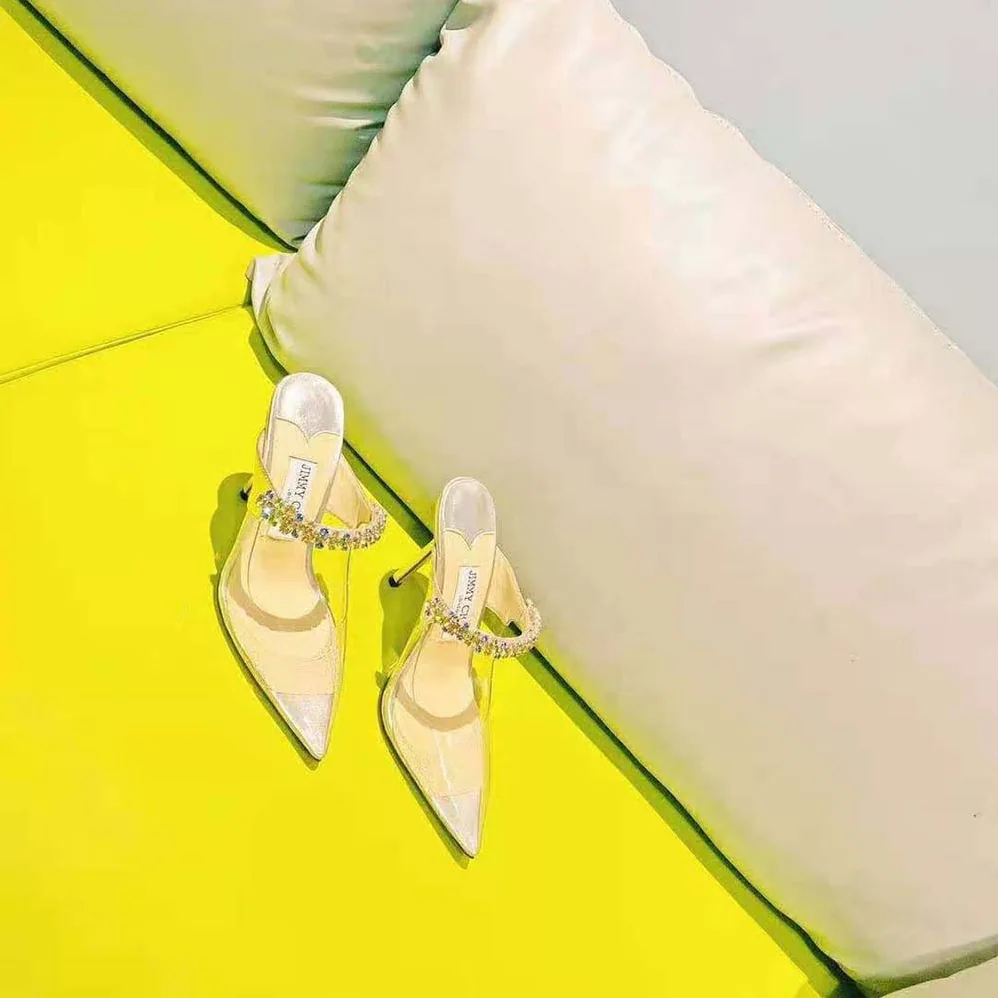 Jimmy Choo Bing 100 Clear Plexi Mules with Multicoloured Crystal Strap for Women Jimmy Choo Bing 100 Clear Plexi Mules with Multicoloured Crystal Strap for Women