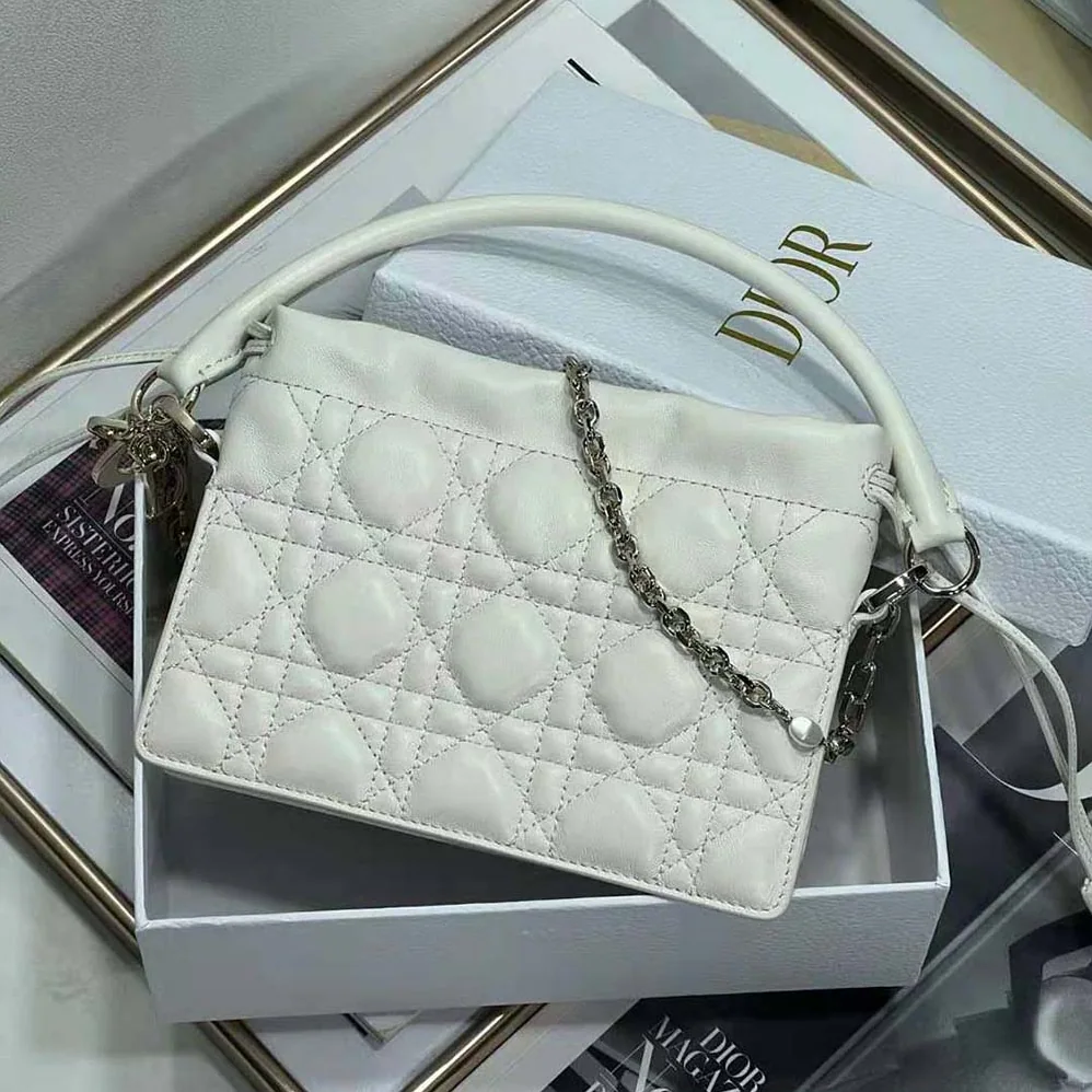 Dior Lady Dior Top Handle Drawstring Mini Bag Latte Cannage Lambskin for Women Dior Lady Dior Top Handle Drawstring Mini Bag Latte Cannage Lambskin for Women