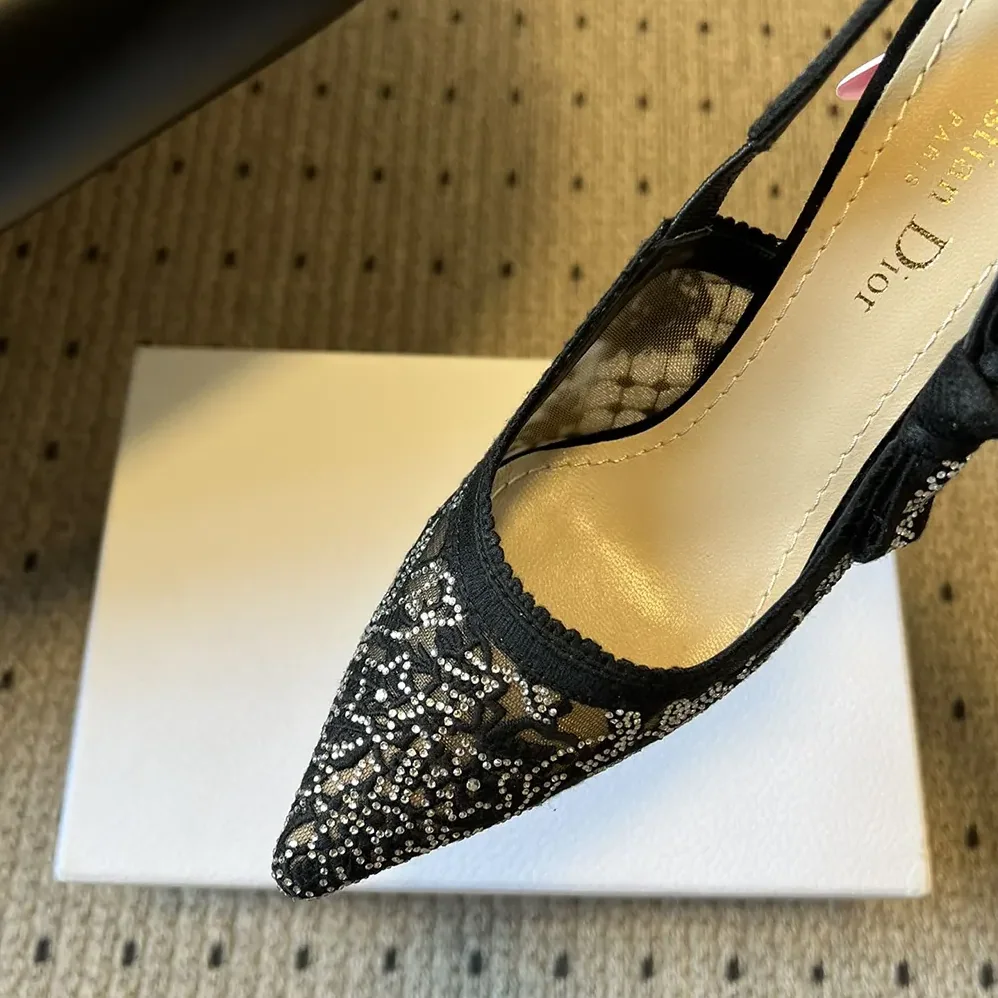 Dior J'Adior Slingback Pump Transparent Mesh Embroidered with Black Millefiori Motif for Women