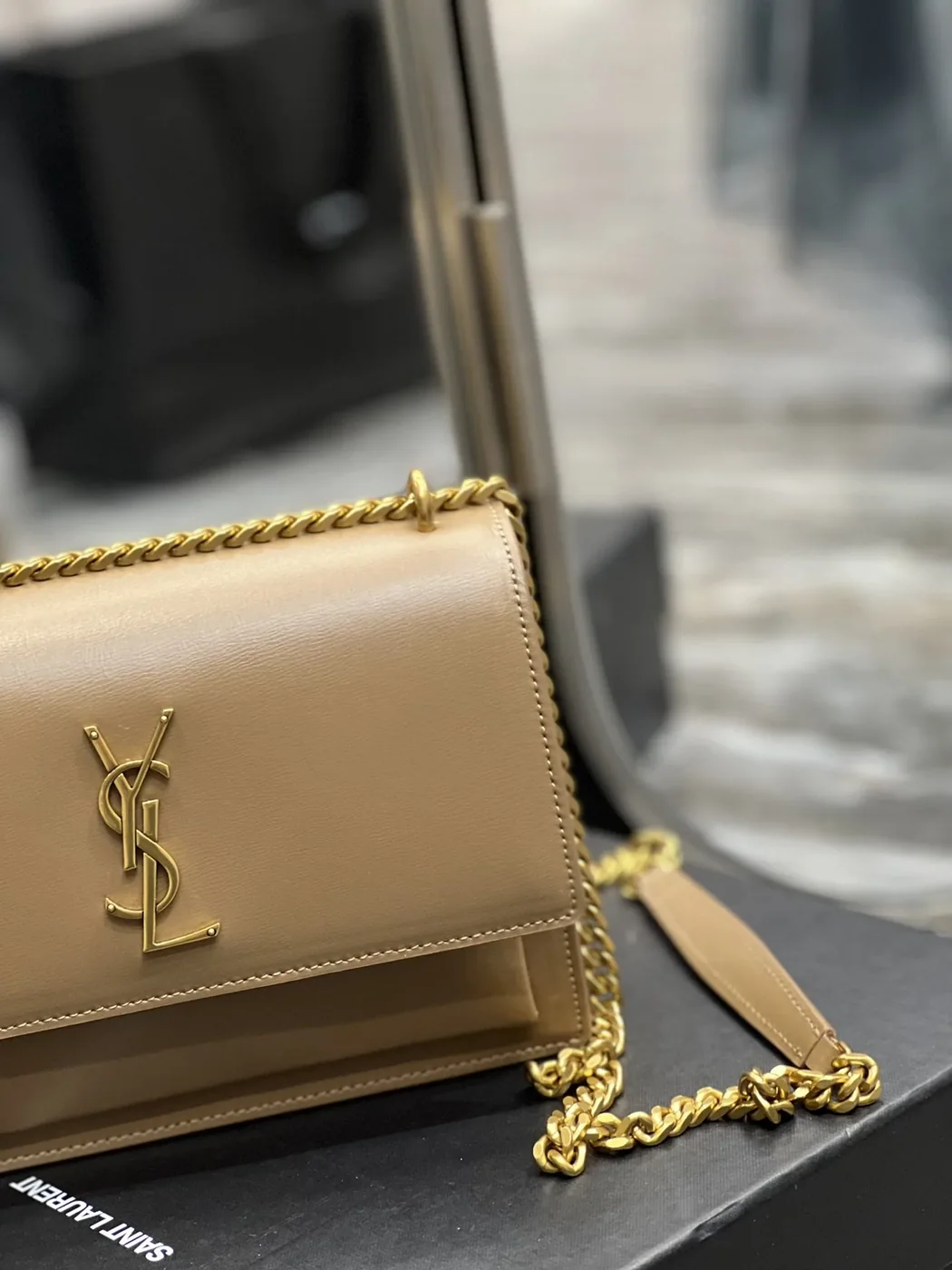 Saint Laurent Sunset Chain Medium Crossbody Bag in Dark Beige Gold Hardware