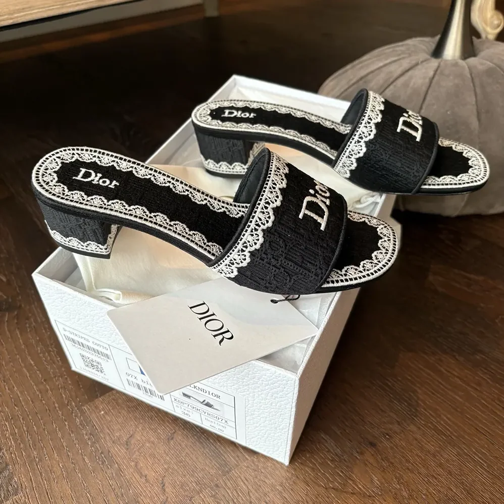 Dior Dentelle Heeled Slide Navy Blue Dior Oblique Embroidered Cotton and White Lace for Women Dior Dentelle Heeled Slide Navy Blue Dior Oblique Embroidered Cotton and White Lace for Women