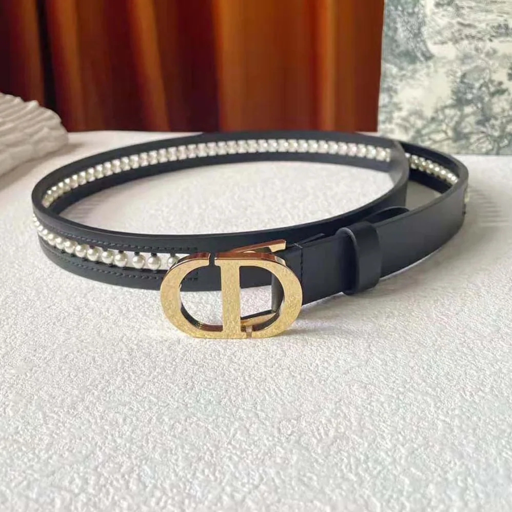 Dior 30 Montaigne Belt Black Smooth Calfskin and White Glass Pearls 25 MM for Women Dior 30 Montaigne Belt Black Smooth Calfskin and White Glass Pearls 25 MM for Women
