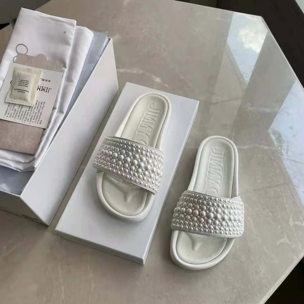 Jimmy Choo Fitz/F White Canvas and Leather Pool Slides with Pearls for Women Jimmy Choo Fitz/F White Canvas and Leather Pool Slides with Pearls for Women