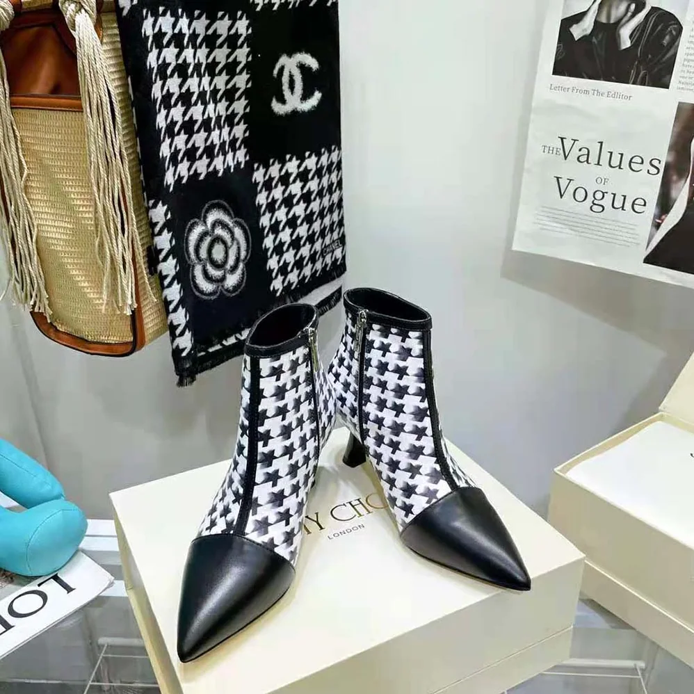 Jimmy Choo Kix/Z 65 Black Nappa and Latte and Black Star Houndstooth Printed Wool Ankle Boots for Women Jimmy Choo Kix/Z 65 Black Nappa and Latte and Black Star Houndstooth Printed Wool Ankle Boots for Women