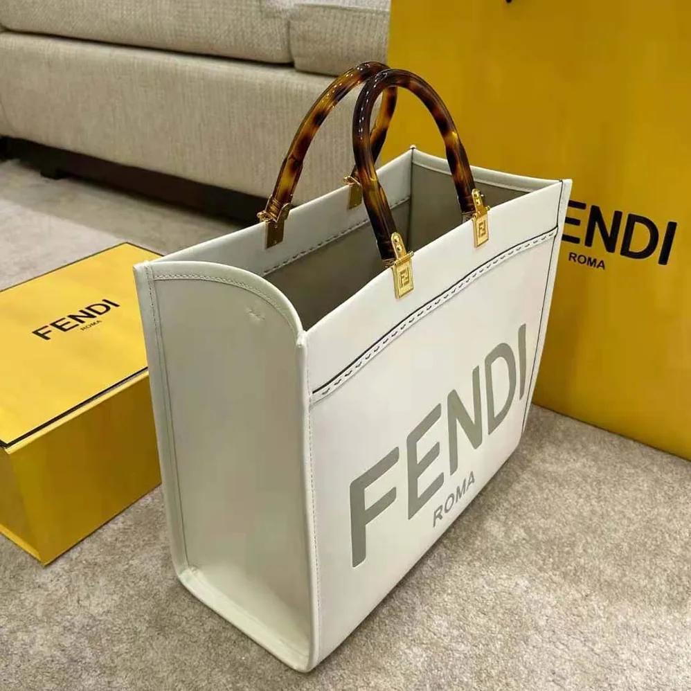 Fendi Sunshine Shopper Leather Shopper for Women in White