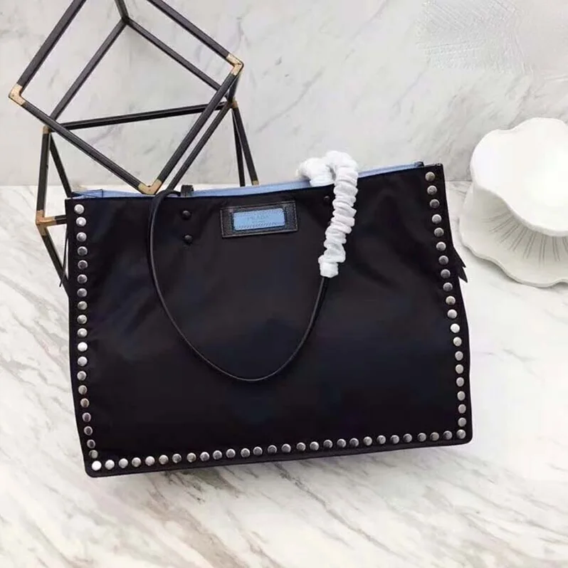 Prada Etiquette Fabric Tote with Metal Stud Trim in Black