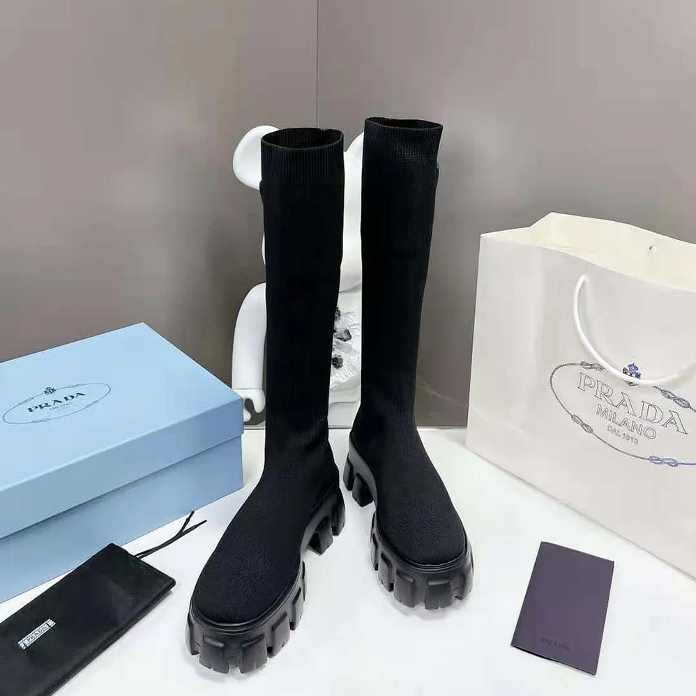Prada Monolith Knit Boots with Embossed Rubber Triangle Logo for Women Prada Monolith Knit Boots with Embossed Rubber Triangle Logo for Women