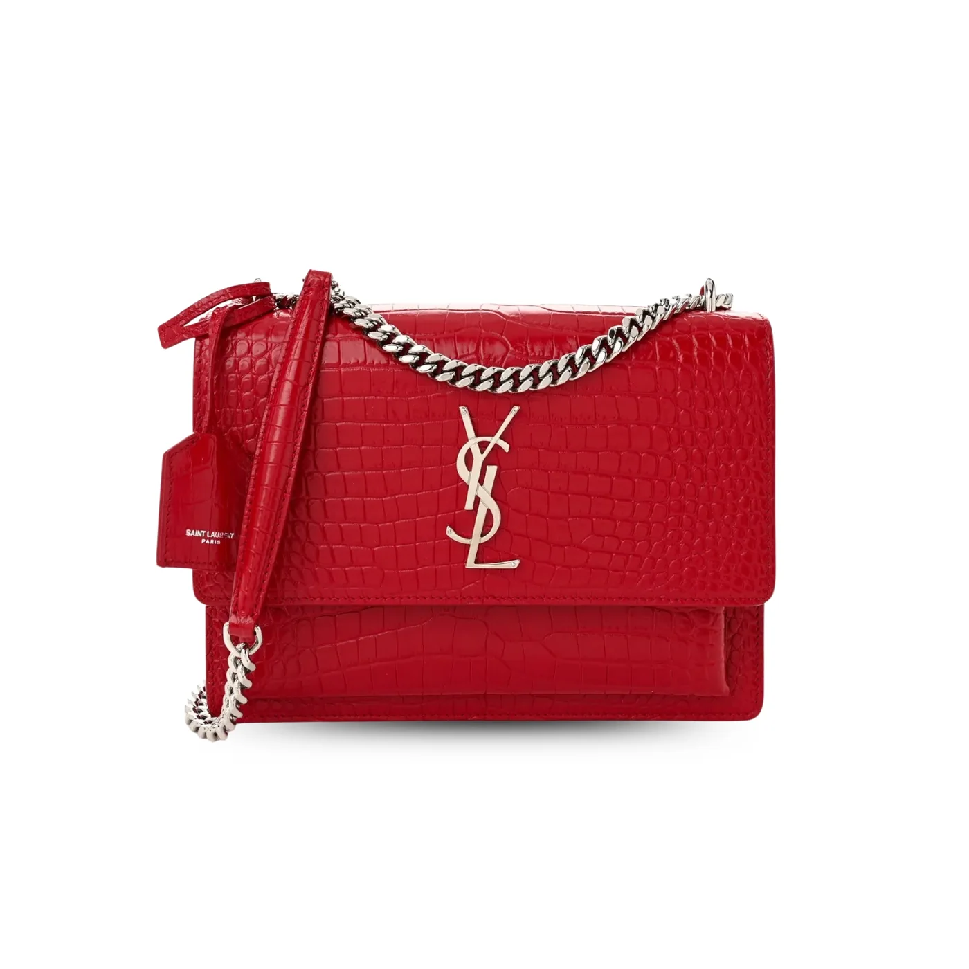 Saint Laurent Sunset Medium Chain Crossbody Bag in Rouge Silver Hardware