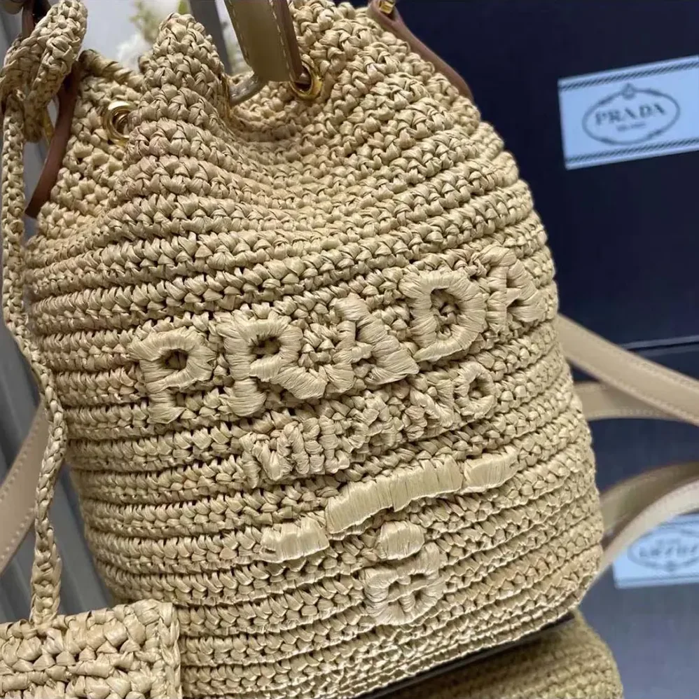 Prada Mini Crochet and Leather Bucket Bag for Women in Natural