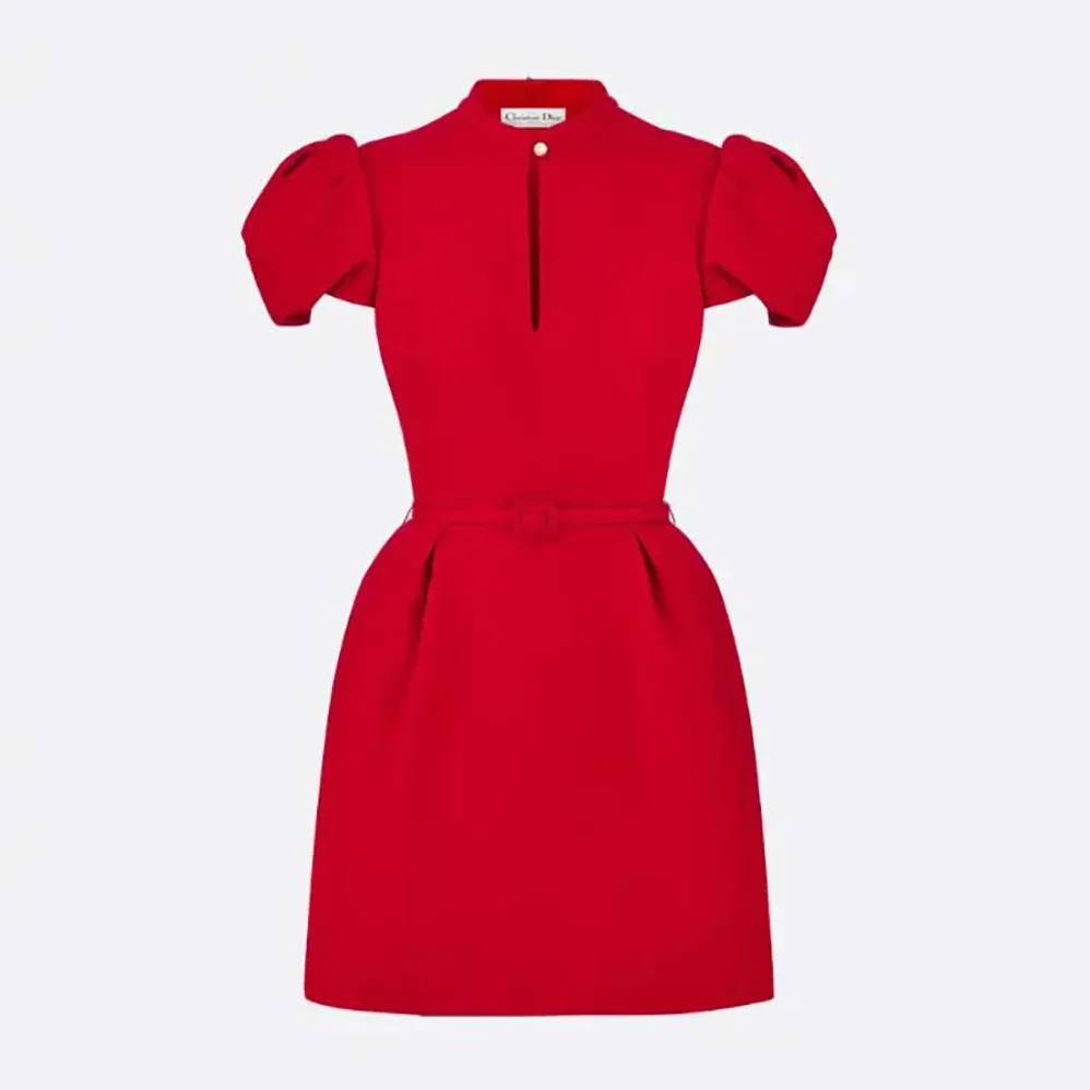 Dior Short Belted Dress Bright Red Lightweight Wool and Silk for Women