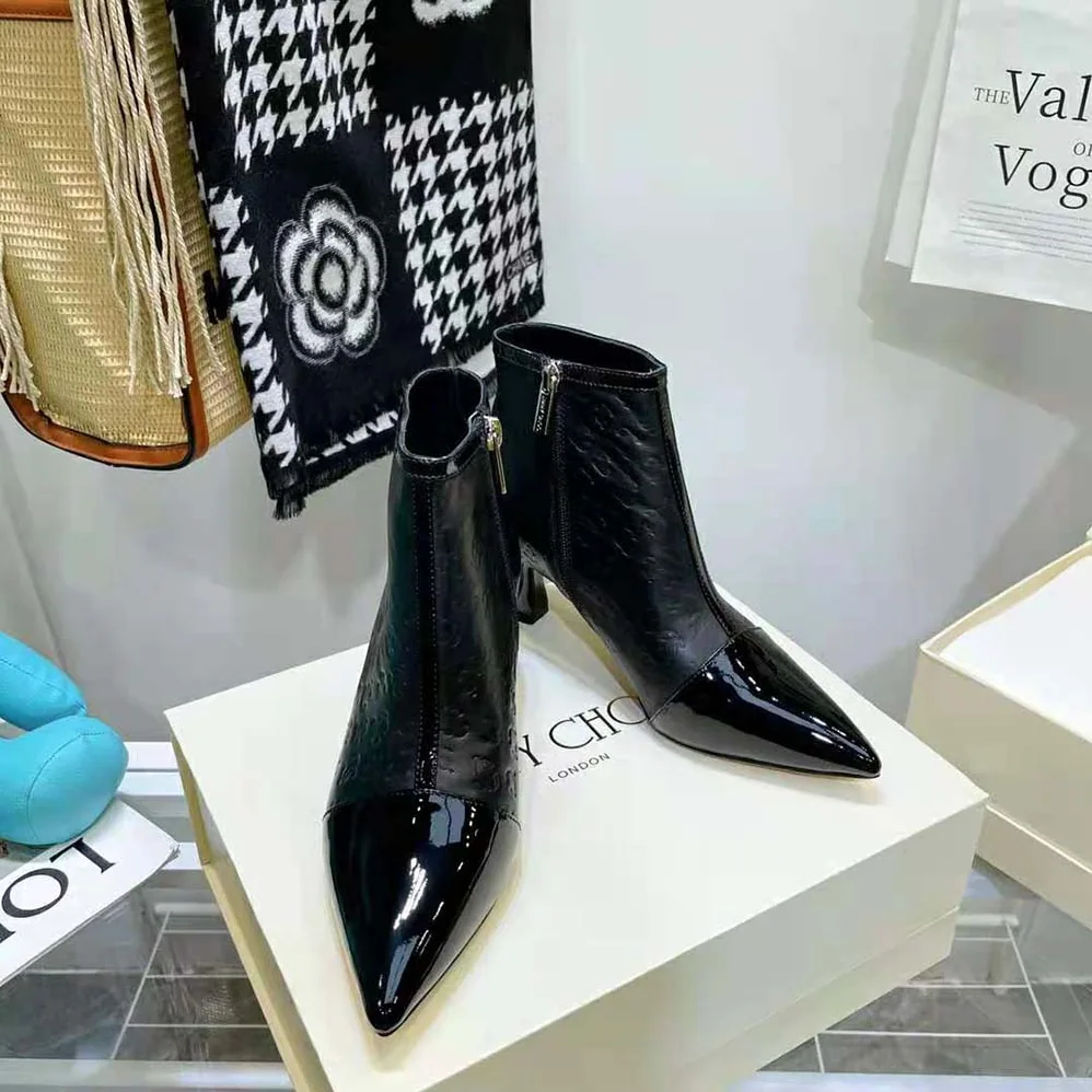 Jimmy Choo Kix/Z 65 Black Patent and JC Monogram Leather Ankle Boots for Women