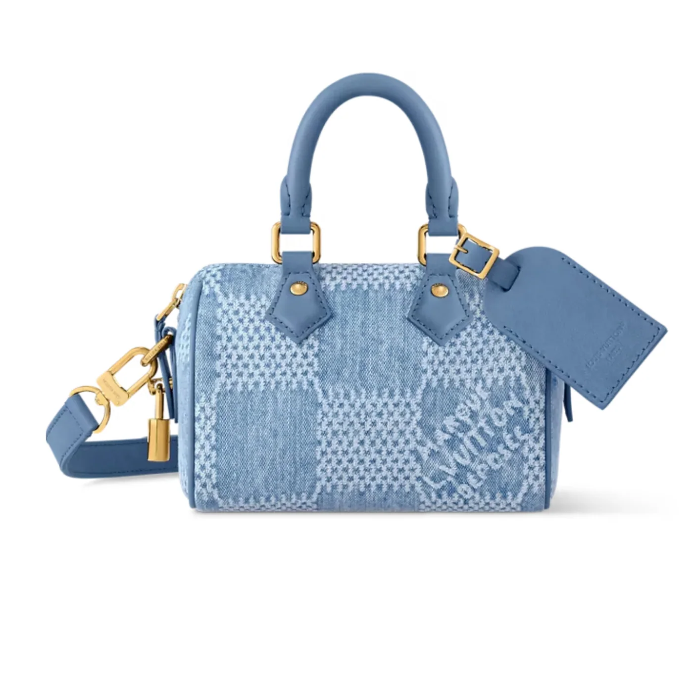 Louis Vuitton Speedy 18 Bandouliere Top Handle Bag in Denim Blue Gold Hardware