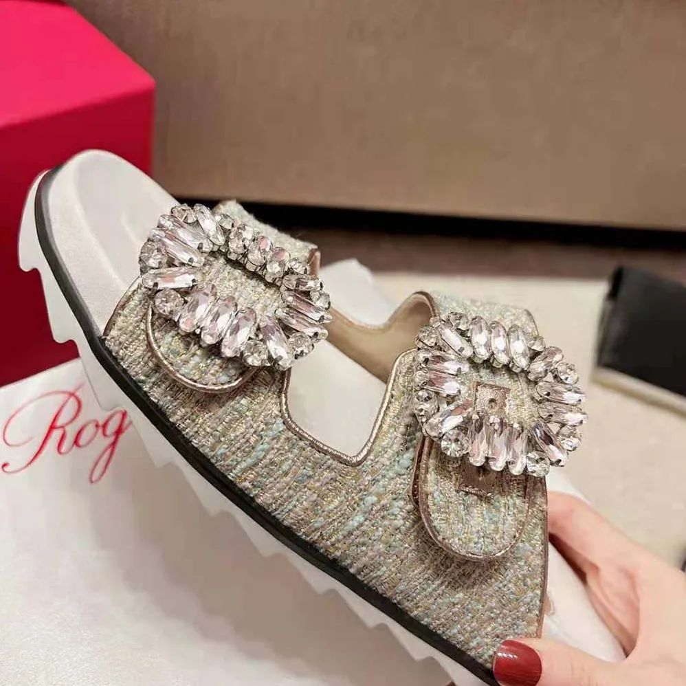 Roger Vivier Slidy Viv Strass Buckle Mules in Fabrics for Women in Silver