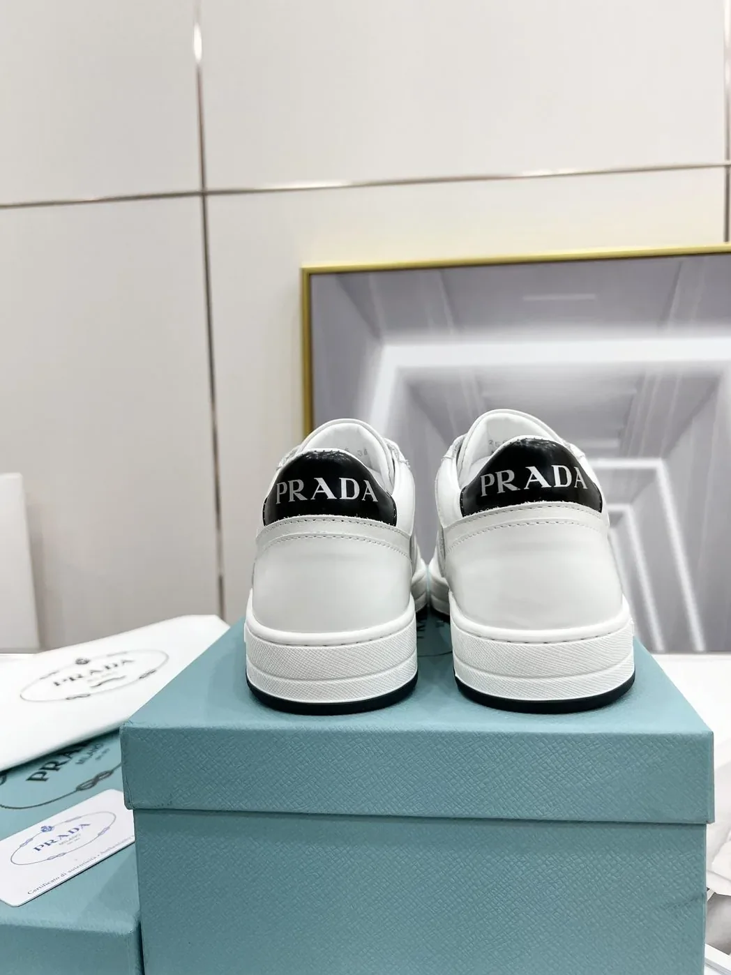 Prada Downtown Perforated Sneakers White in Black /