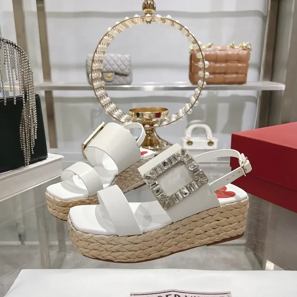 Roger Vivier Strass Buckle Raffia Wedge Sandals in Leather for Women Roger Vivier Strass Buckle Raffia Wedge Sandals in Leather for Women