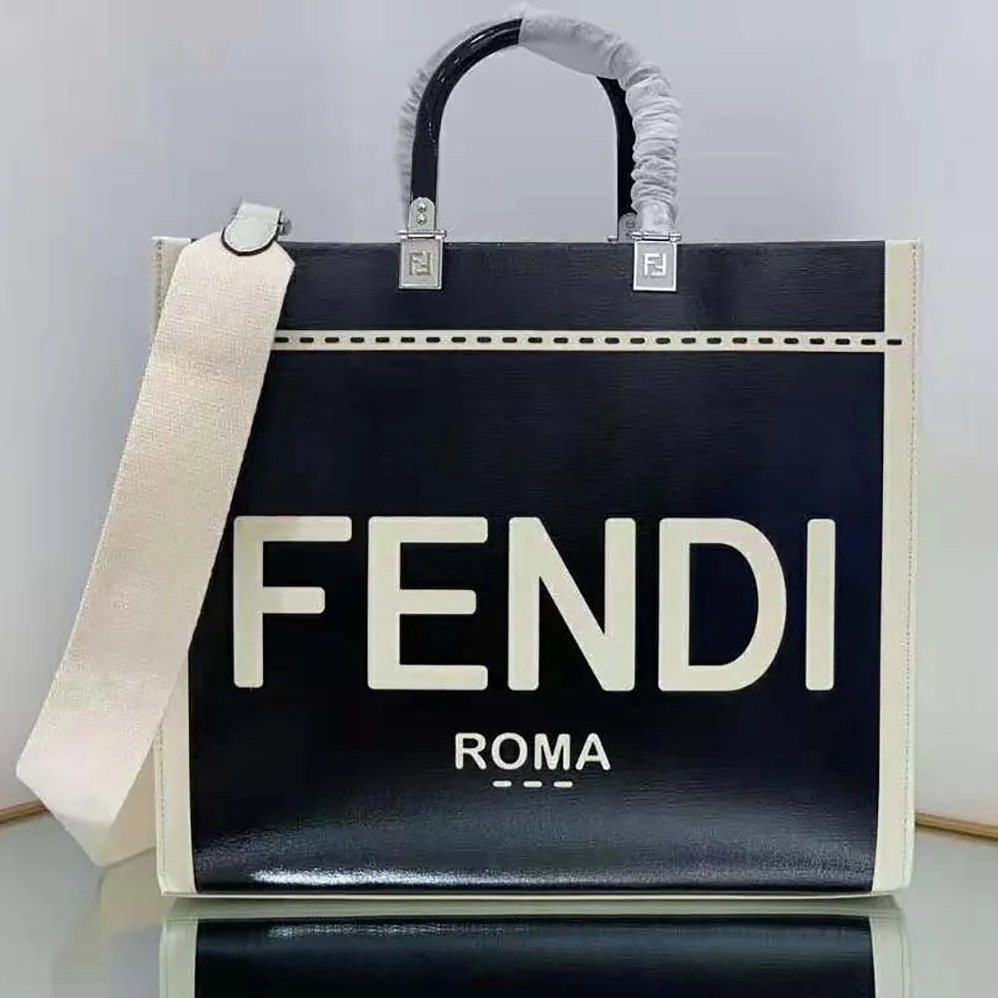 Fendi Sunshine Medium Canvas and Black Patent Leather Shopper Bag for Women Fendi Sunshine Medium Canvas and Black Patent Leather Shopper Bag for Women