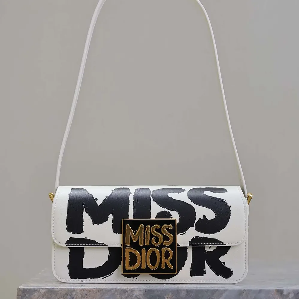 Dior Miss Dior Flap Bag White and Black Miss Dior Graffiti Printed Calfskin for Women