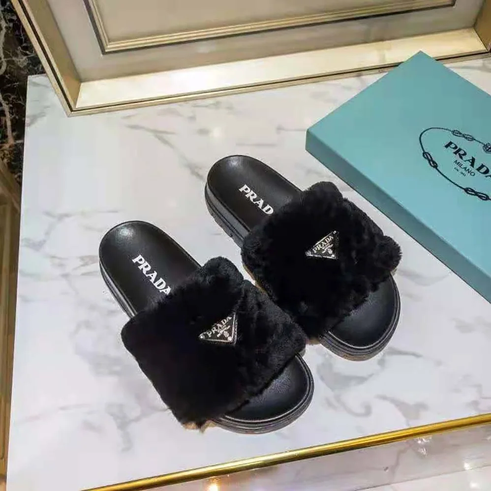 Prada Shearling Slides in 20mm Heel for Women in Black