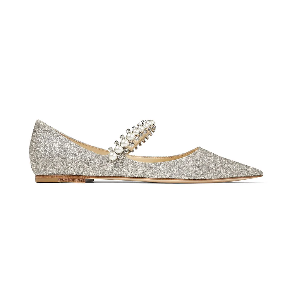 Jimmy Choo Baily Flat Platinum Ice Dusty Glitter Flats with Crystal and Pearl Strap for Women Jimmy Choo Baily Flat Platinum Ice Dusty Glitter Flats with Crystal and Pearl Strap for Women
