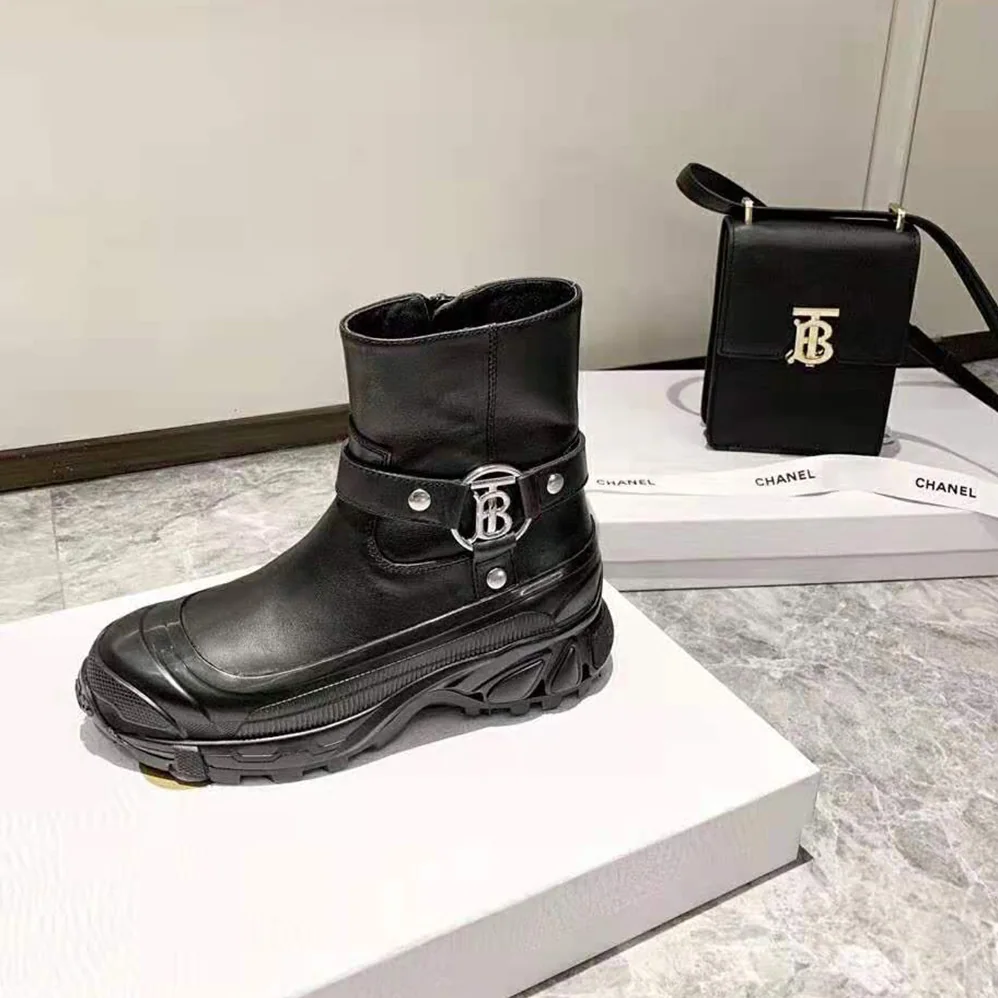 Burberry Monogram Motif Buckle Leather Boots for Women in Black Burberry Monogram Motif Buckle Leather Boots for Women in Black