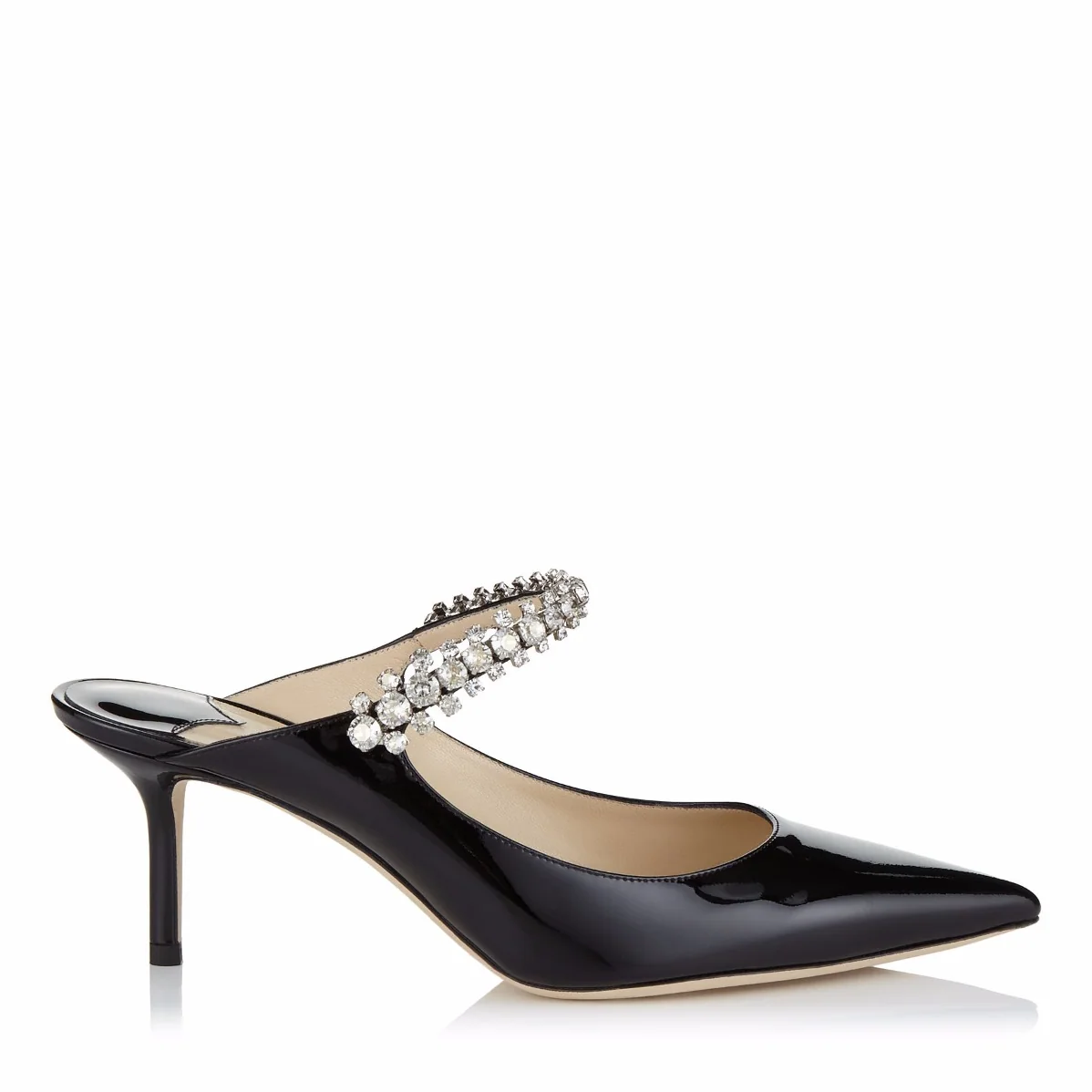 Jimmy Choo Shoes Bing 65 Black Patent Leather Mules with Crystal Strap for Women Jimmy Choo Shoes Bing 65 Black Patent Leather Mules with Crystal Strap for Women