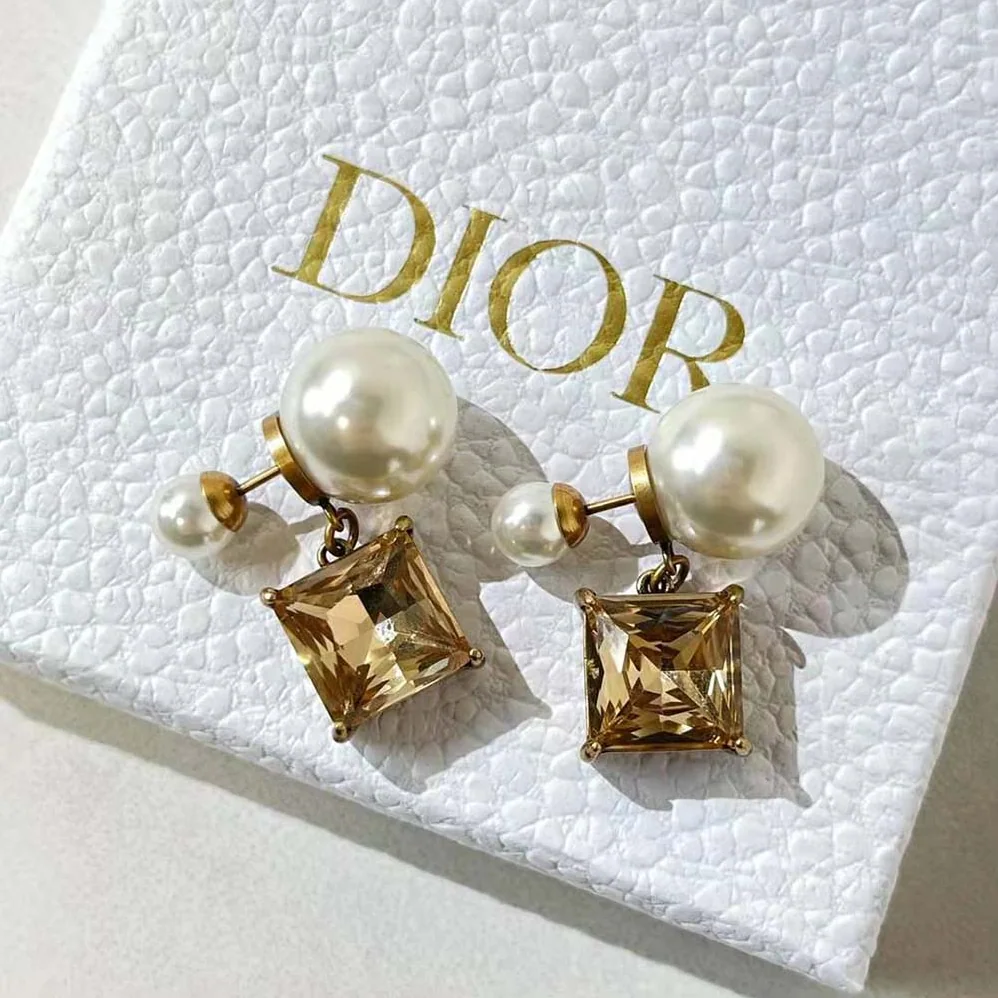 Dior Tribales Earrings Antique Gold-Finish Metal with White Resin Pearls and Citrine for Women