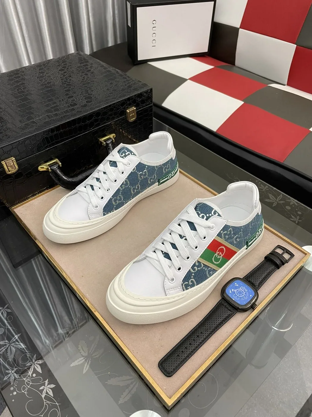 Gucci GG Embroidery Sneaker With Web White And Blue for Men