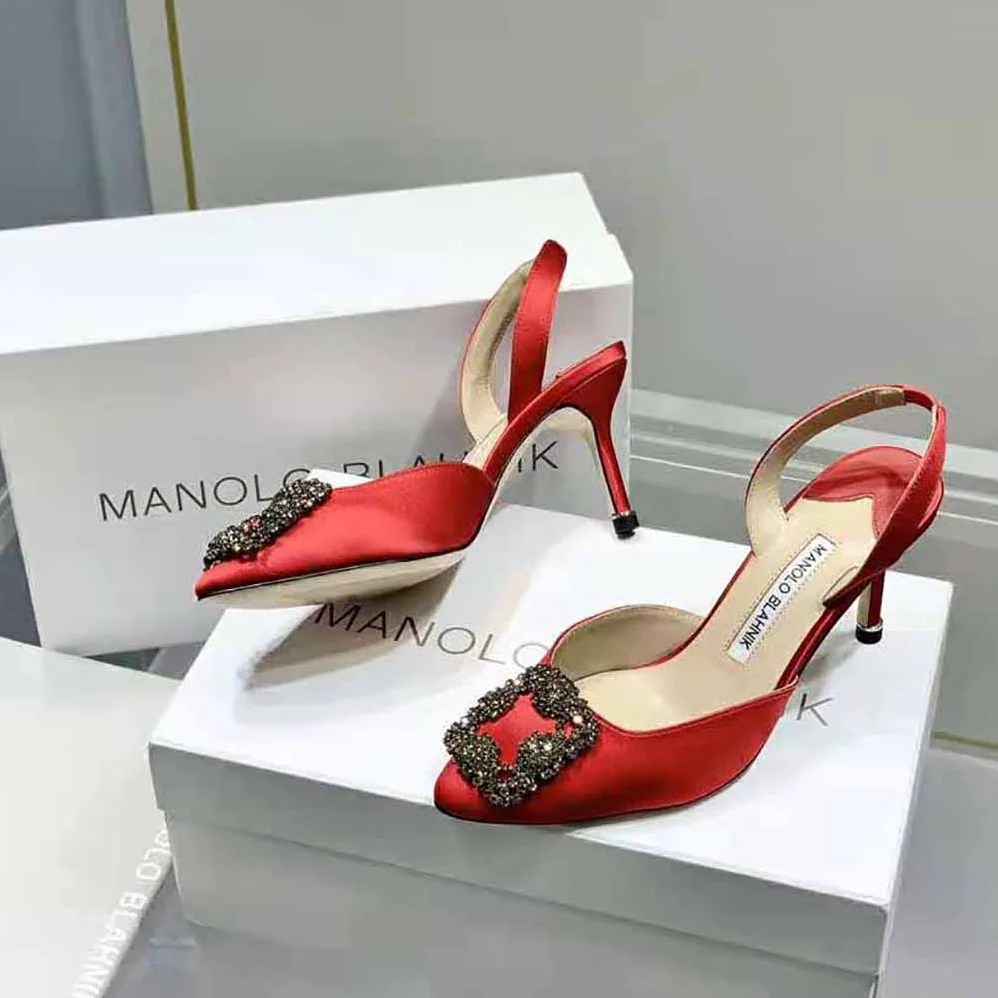 Manolo Blahnik Red Satin Jewel Buckle Slingback Pumps for Women Manolo Blahnik Red Satin Jewel Buckle Slingback Pumps for Women
