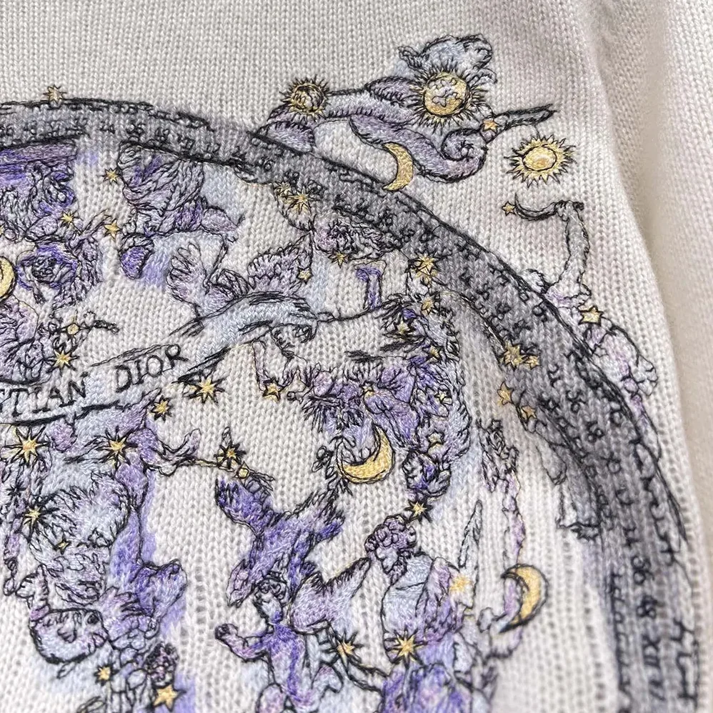 Dior Embroidered Sweater Ecru Cashmere Knit with Blue Dior Night of Dreams Motif for Women Dior Embroidered Sweater Ecru Cashmere Knit with Blue Dior Night of Dreams Motif for Women