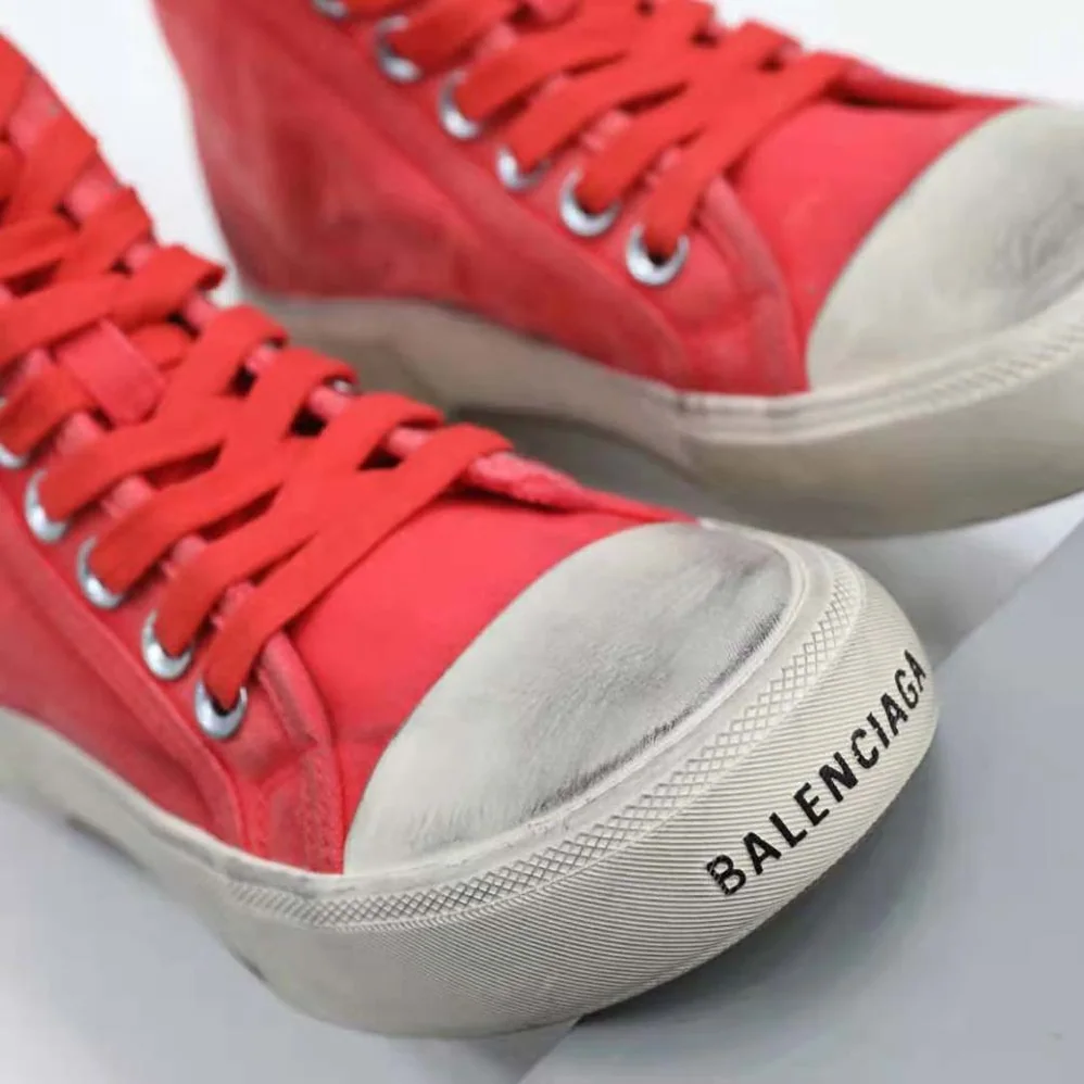 Balenciaga Paris High Top Sneaker in Red Destroyed Cotton and White Rubber for Unisex Balenciaga Paris High Top Sneaker in Red Destroyed Cotton and White Rubber for Unisex