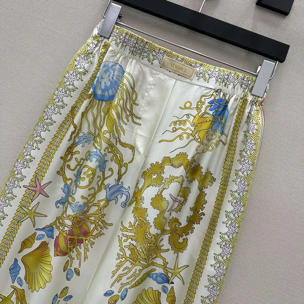 Versace Underwater Barocco Silk Pants for Women in Yellow
