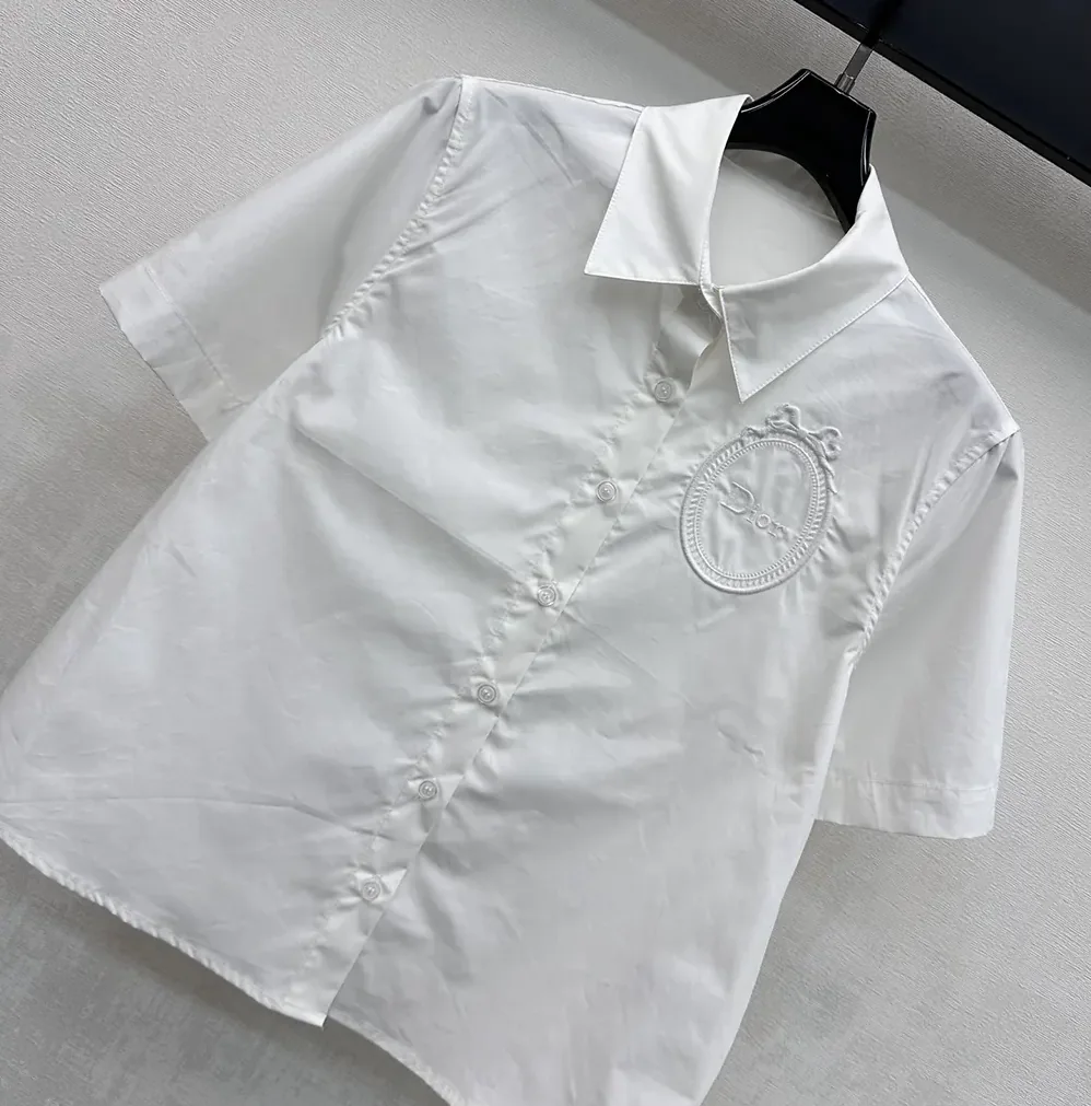 Dior Médaillon Embroidered Short-Sleeved Blouse White Cotton Poplin for Women