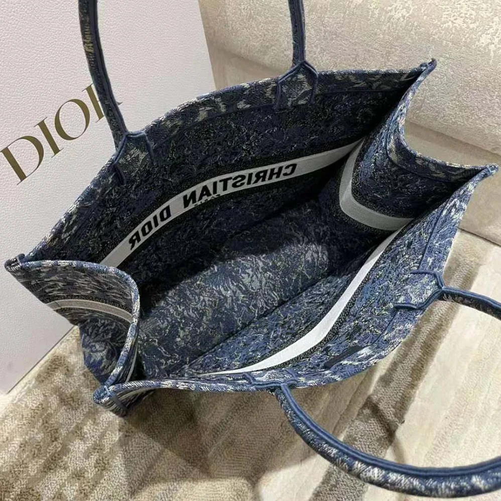 Dior Large Dior Book Tote Blue Dior Brocart Embroidery with Denim Effect for Women