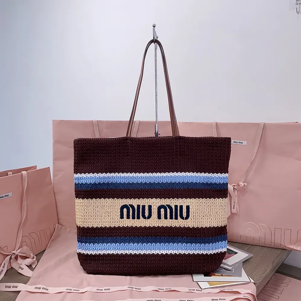 Miu Miu Raffia-Effect Woven Tote Bag for Women in Cocoa Brown/Celeste/Natural Miu Miu Raffia-Effect Woven Tote Bag for Women in Cocoa Brown/Celeste/Natural