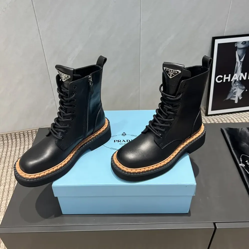 Prada Black Leather Lace-Up zip up Combat Boots for Unisex