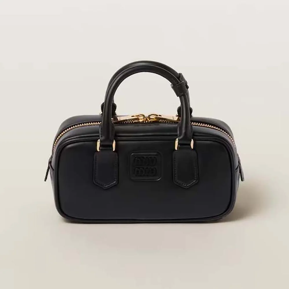 Miu Miu Arcadie Leather Bag with Metal Lettering Logo for Women in Black
