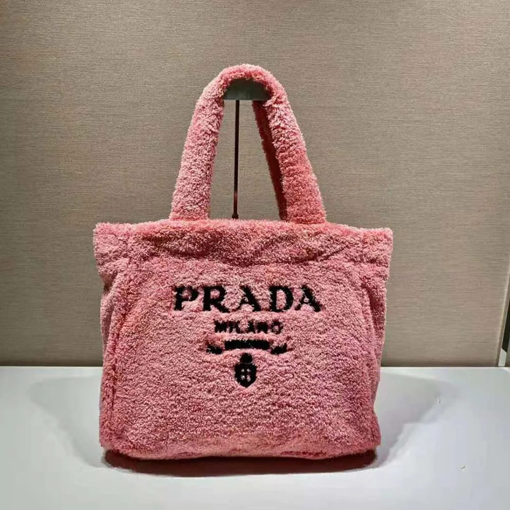 Prada Enameled Metal Triangle Logo Terry Tote Bag for Women in Pink Prada Enameled Metal Triangle Logo Terry Tote Bag for Women in Pink