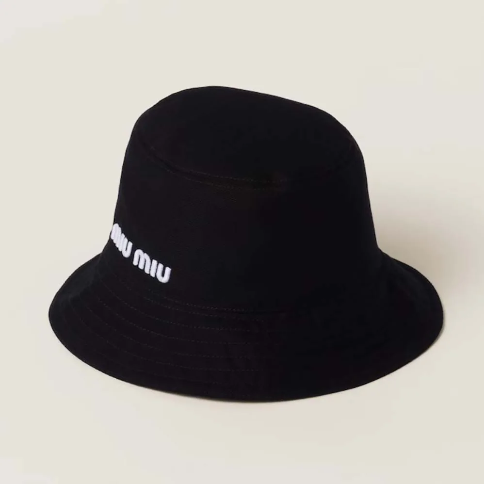 Miu Miu Drill Bucket Hat with Embroidered Logo for Women in Black