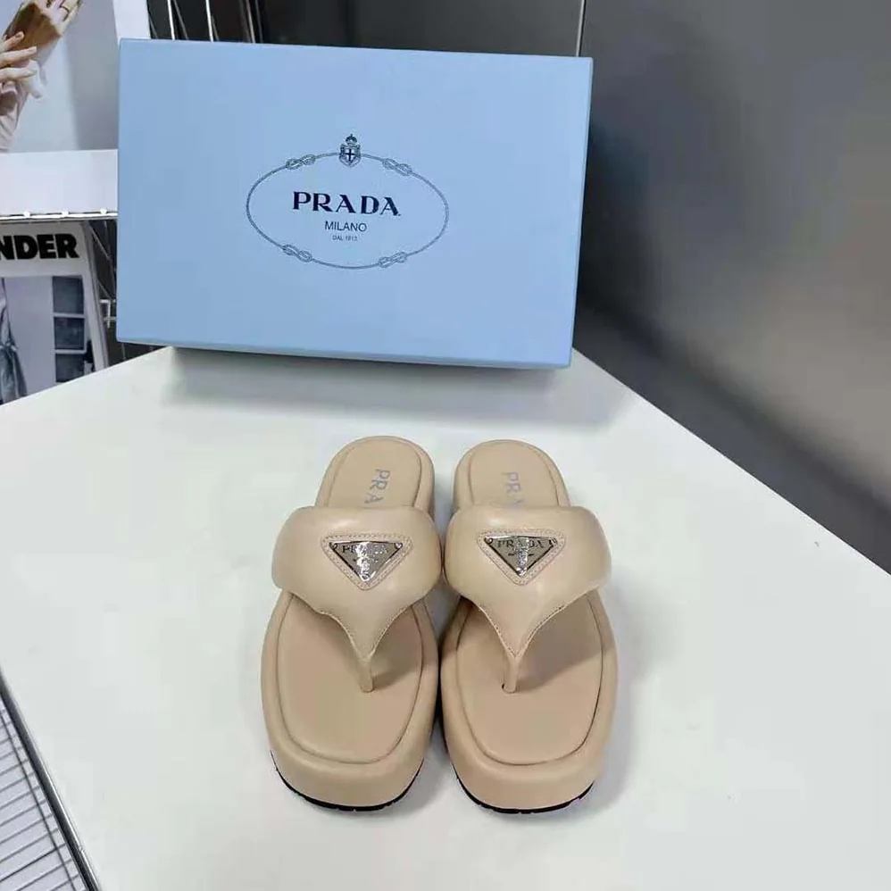 Prada Soft Padded Nappa Leather Thong Wedge Sandals for Women