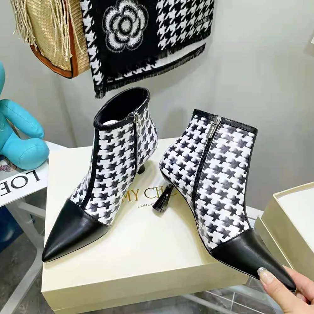 Jimmy Choo Kix/Z 65 Black Nappa and Latte and Black Star Houndstooth Printed Wool Ankle Boots for Women Jimmy Choo Kix/Z 65 Black Nappa and Latte and Black Star Houndstooth Printed Wool Ankle Boots for Women